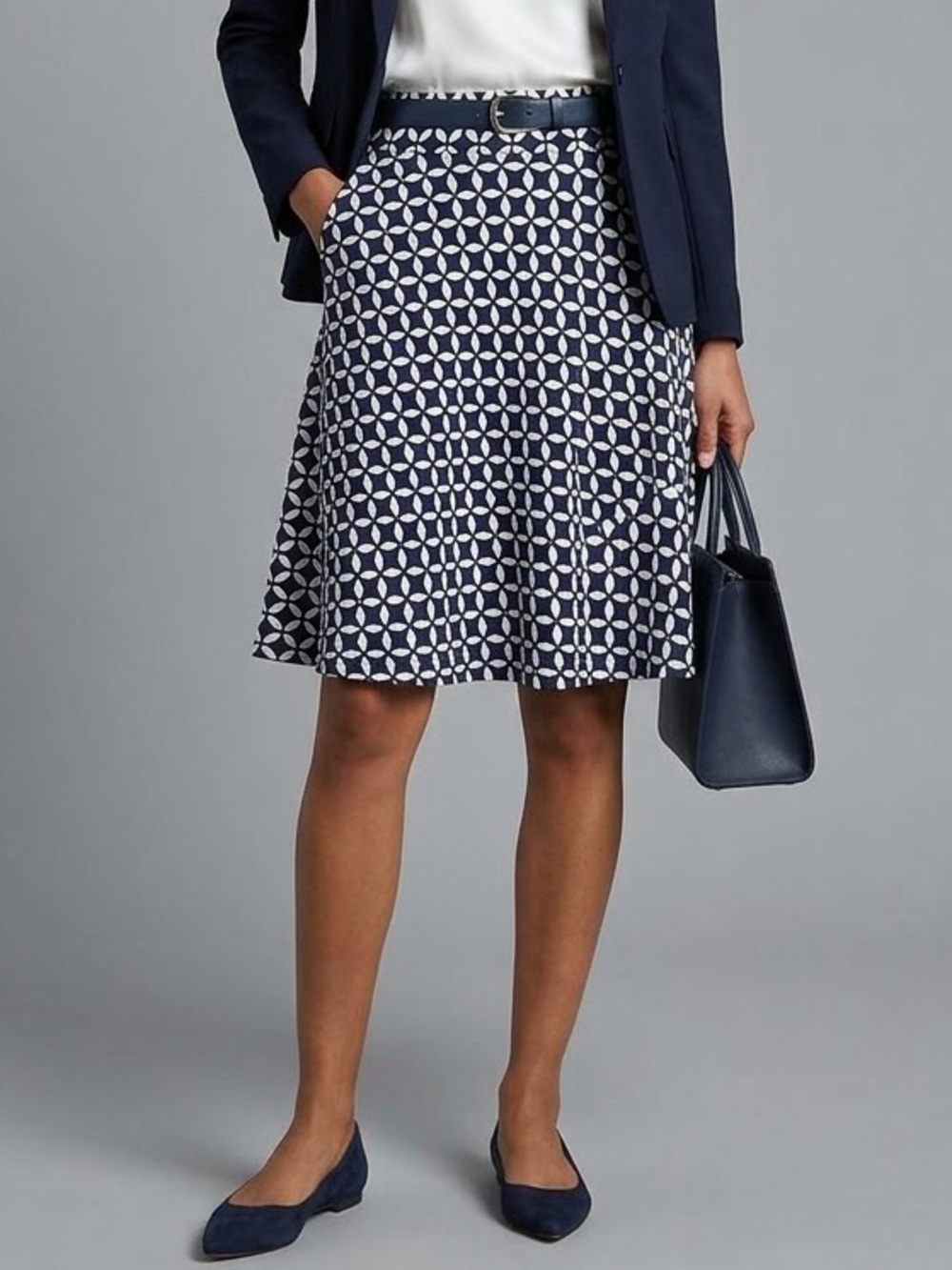 LOFT Navy White Geometric A-Line Skirt Above Knee Size S